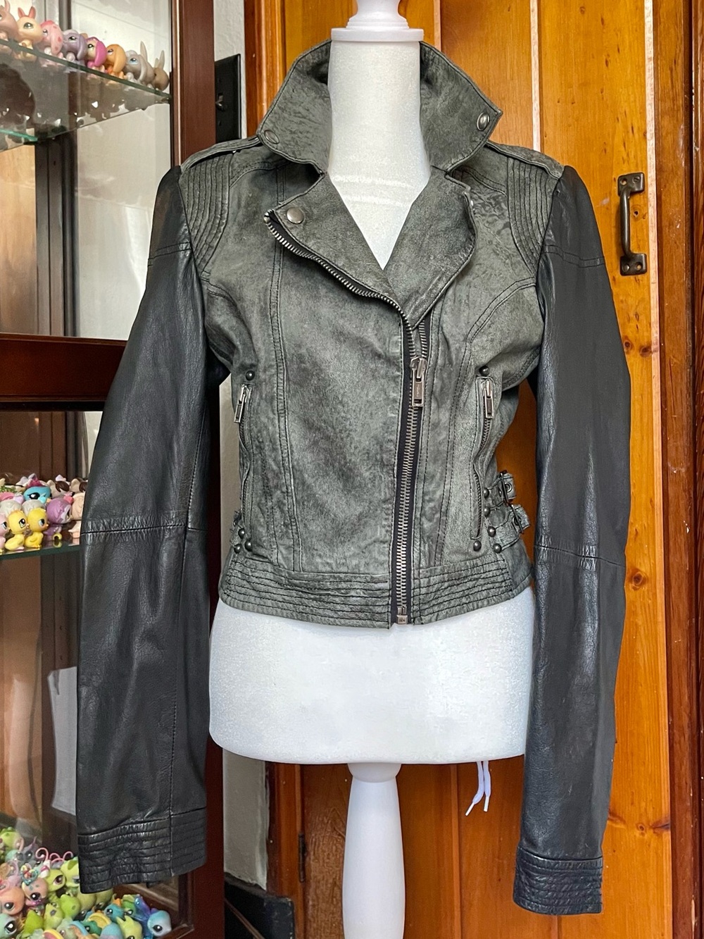 TopShop Gray Black Grunge Leather Biker Buckle Studded Jacket Size 8